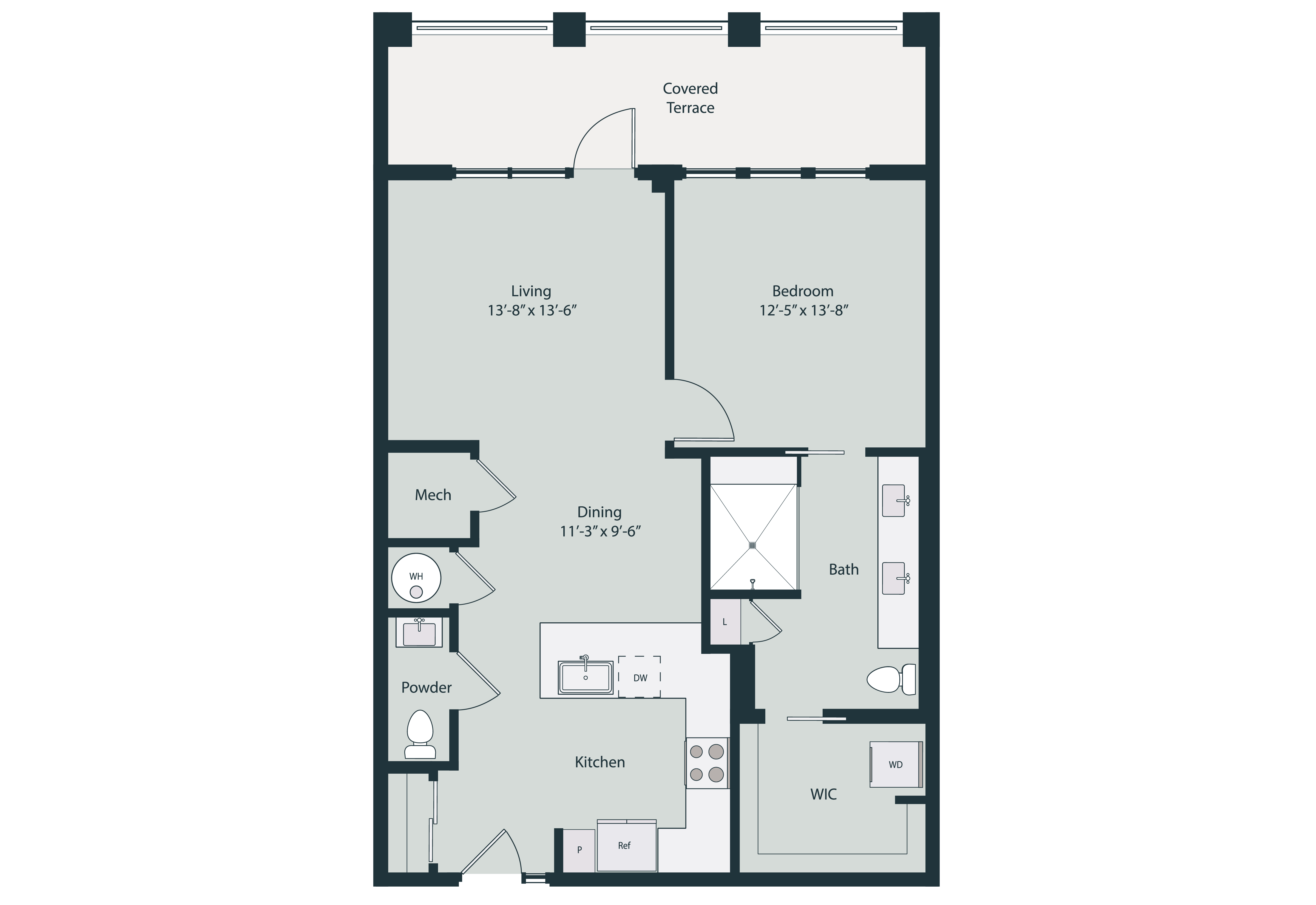 Floor plan for 1 bed, 1.5 baths, 935 sqft
